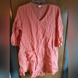 Match Point 3/4 Sleeve Ruffled Asymmetrical 100% Linen Tunic S